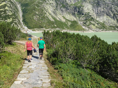 Grimselpass, Switzerland - August 16, 2016: Hikers in the region of Grimselpassのeditorial素材
