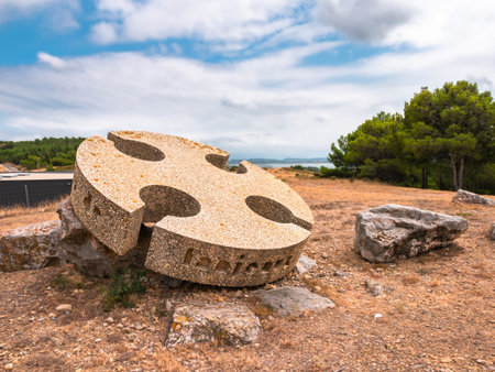 Narbonne, France - September 12, 2022: The shields of Cathar Knights is a monumental cement sculpture, created by Jacques Tissinier and installed along the Deux Mers motorway in the Narbonne area.のeditorial素材