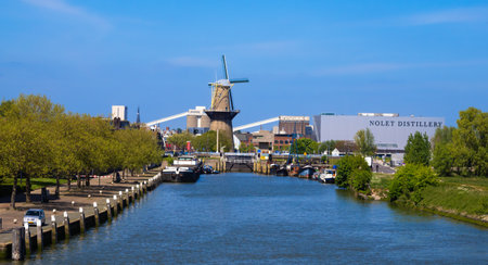 Rotterdam, Netherlands - April 28, 2022: The Noletmuhle is a wind turbine in Schiedam in the...