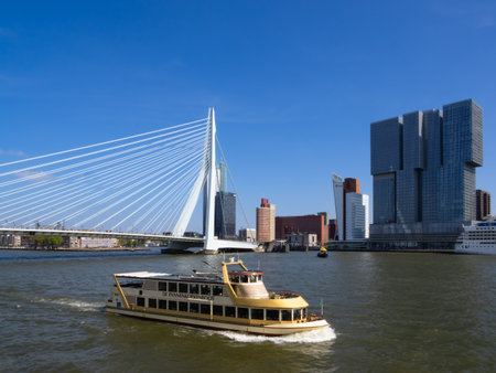 Rotterdam, Netherlands - April 28, 2022: Tourist boats on the Maas River in Rotterdam, Erasmus bridge and modern buildings of the cityのeditorial素材