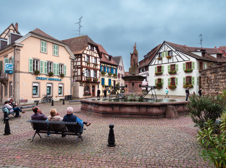 Eguisheim, France - October 12, 2022: Castle Square - Place du Chateau - and traditional medieval houses in Eguisheim in Alsace along the wine roadのeditorial素材