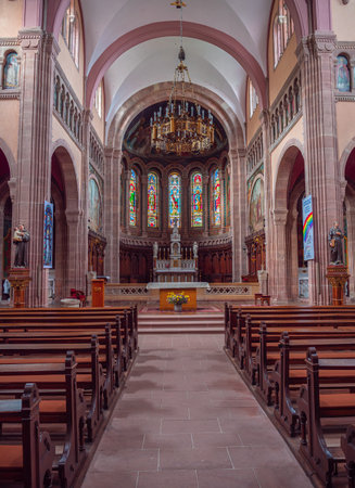 Gueberschwihr, France - October 11, 2022: The Roman Catholic Church of Saint-Pantaleon is a Neo-Romanesque sacred building of the Alsatian late Romanesque period from 1882のeditorial素材