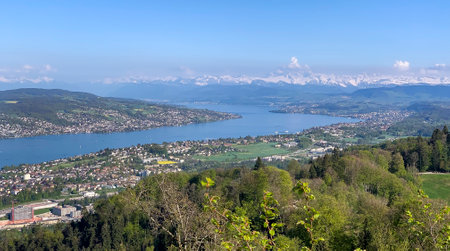Zurich, Switzerland - May 1, 2019: Panoramic view of the Lake Zurich from the Uitliberg hill