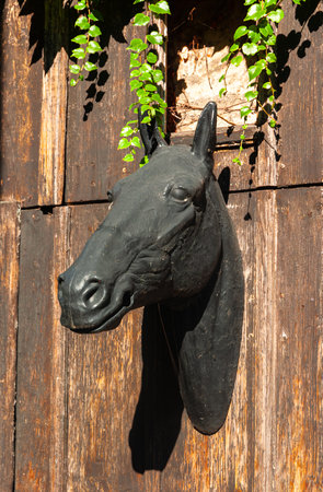 Gardelegen, Germany - August 10, 2022: Horse head sculpture on a wooden wall in Gardelegen, Germanyのeditorial素材
