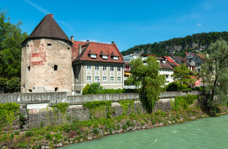 Feldkirch, Austria - May 20, 2022: View of the old town of Feldkirch with the water tower on the banks of the river Illのeditorial素材