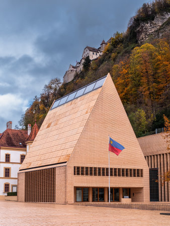 Vaduz, Liechtenstein - November 18, 2022: The parliament building in Vaduz was designed by architect Hansjorg Goritz. A view at the castle.のeditorial素材