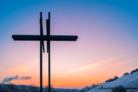 Bremgarten, Switzerland - June 13, 2020: A modern three-dimensional Christian cross with the evening skyのeditorial素材