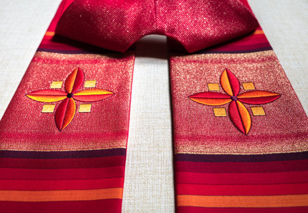 Red liturgical stole of a catholic priest with two crossesの写真素材