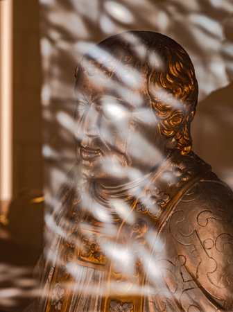 Saint Ursanne, Switzerland - October 19, 2021: A statue of Saint Ursanne in collegiate church of Saint-Ursanne in a swiss canton Jura.のeditorial素材