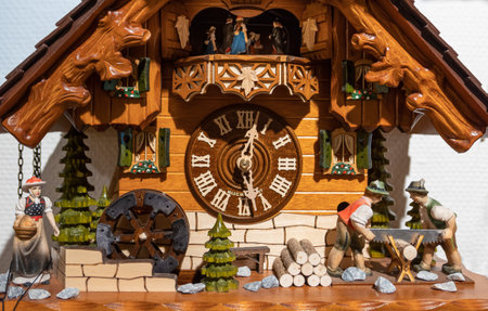 Neustadt, Germany - April 14, 2022: Close up of a cuckoo clock, a typical product of Black Forest in Germanyのeditorial素材