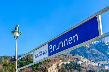Brunnen, Switzerland - February 20, 2023: Brunnen is a town in the municipality of Ingenbohl and is located on Lake Lucerne in the canton of Schwyz in Switzerland.のeditorial素材