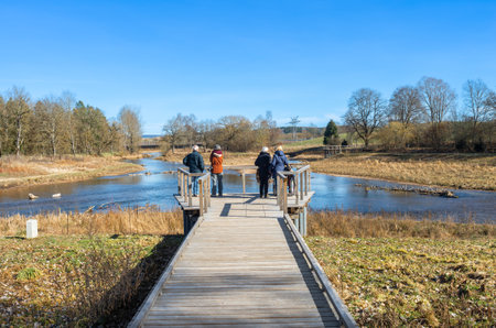 Tourists admiring the confluence of the rivers Brigach and Breg, which forms the beginning and origin of the Danube, the longest European river. Donaueschingen in Germany.のeditorial素材