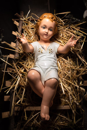 Sveta Gora, Slovenia - December 27, 2022: Newborn savior child Jesus in Christmas cribs