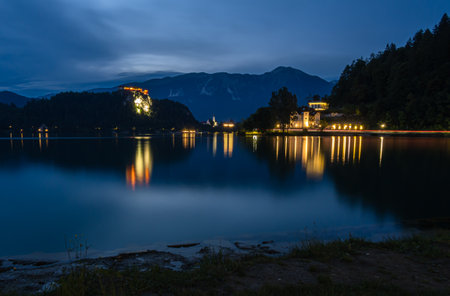 Bled, Slovenia - July 28, 2020: Evening blue hour at Bled lake in Sloveniaのeditorial素材