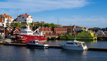 Donso, Sweden - May 31, 2023: A view from the boat at Donso, a fisherman village and island in the Swedish province of Vastra Gotalands lan and the historical province of Vastergotlandのeditorial素材