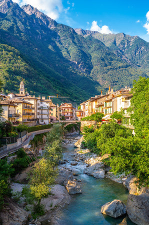 River Mera and the old town of Chiavenna, an Italian commune and a small town with 7330 inhabitants in the province of Sondrio, belonging to the Lombardy region.の写真素材