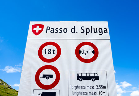 Splugenpass, Switzerland - July 9, 2023: The Splugenpass road connects the Swiss town of Splugen on the Hinterrhein with Chiavenna in the Italian part of the Bregaglia valleyのeditorial素材