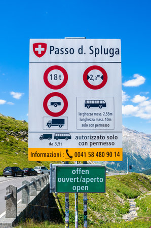 Splugenpass, Switzerland - July 9, 2023: The Splugenpass road connects the Swiss town of Splugen on...