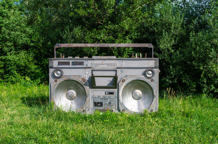 Altstatten, Switzerland - July 4, 2023: Artistic reproduction of an old cassette player at the AltstÃ¤tten motorhome parking placeのeditorial素材