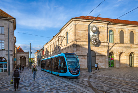 Besancon, France - August 7, 2023: Modern tram in Besancon, a city in the east of France. It is the administrative headquarters of the Doubs department.のeditorial素材