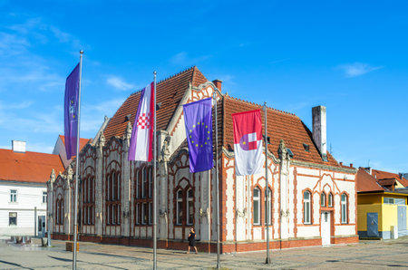 Cakovec, Croatia - July 14, 2023: Beautiful historical building of old Casino -architecture of Cakovec main square, Medjimurje region of Croatiaのeditorial素材