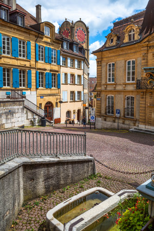 Neuchatel, Switzerland - August 7, 2023: Neuchatel, the French-speaking capital of the Swiss canton of the same name, lies on the northern shore of Lake Neuchatel.のeditorial素材