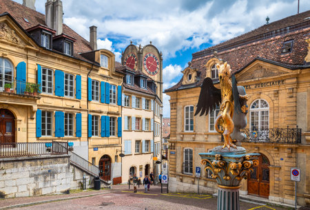 Neuchatel, Switzerland - August 7, 2023: Neuchatel, the French-speaking capital of the Swiss canton of the same name, lies on the northern shore of Lake Neuchatel.のeditorial素材