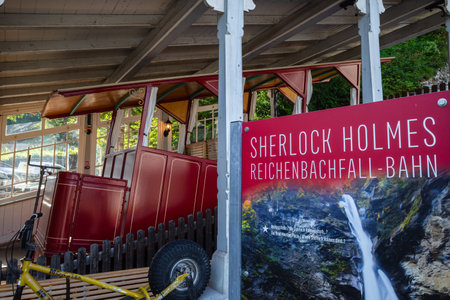 Meiringen, Switzerland - August 22, 2023: Reichenbachfall funicular from Willigen near Meiringen to Reichenbachfall. It is known as the place of death of Sherlock Holmesのeditorial素材