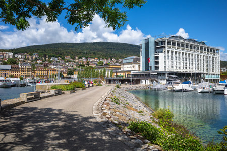 Neuchatel, Switzerland - August 7, 2023: Neuchatel, the French-speaking capital of the Swiss canton of the same name, lies on the northern shore of Lake Neuchatel.のeditorial素材