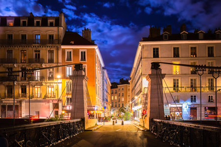 The Saint-Laurent footbridge - suspension bridge - in Grenoble, France, now reserved for pedestrians.のeditorial素材