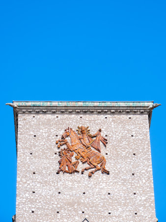 Tours, France - August 13, 2023: A relief of Saint Martin on the medieval tower of Charlemagne in Toursのeditorial素材