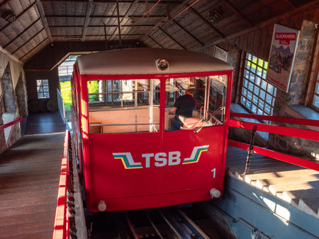 Seelisberg, Switzerland - September 6, 2023: The TBS Treib-Seelisberg Bahn is an electric funicular railway leading from Treib on Lake Lucerne to Seelisbergのeditorial素材