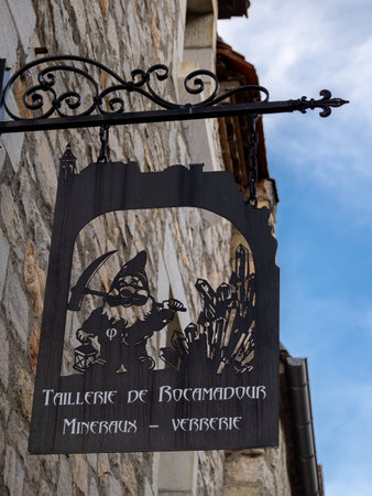 Rocamadour, France - October 13, 2023: Mineral stone, glass and crystal workshop.のeditorial素材