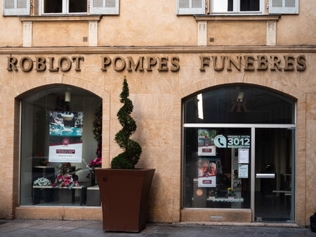 Nimes, France - October 4, 2023: Roblot pompes funebres is a french company for funeral servicesのeditorial素材