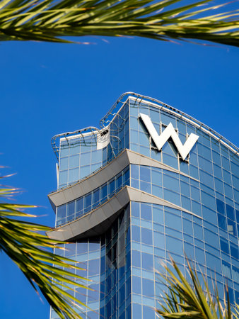 Barcelona, Spain - October 7, 2023: The W Barcelona is a striking, sail-like luxury hotel building on Barceloneta Beachのeditorial素材