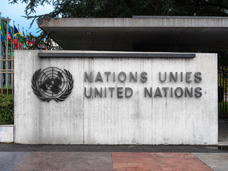 Geneva, Switzerland - November 3, 2023: United Nations Office Geneva or UNOG is located in the Palais des Nations building at Geneva city in Switzerlandのeditorial素材