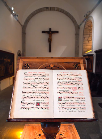 Grande Chartreuse, France - September 30, 2023: Vintage hymnal of Gregorian chants with sheet musicのeditorial素材