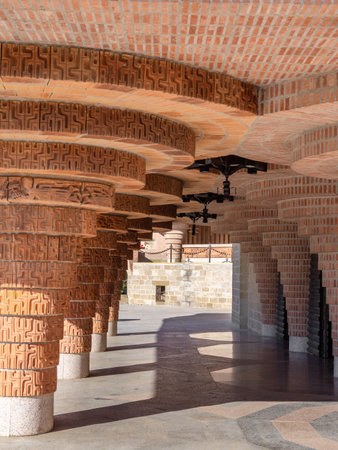 Torreciudad, Spain - October 9, 2023: Torreciudad is a Marian pilgrimage site in Aragon. Architectural detail of the church.のeditorial素材