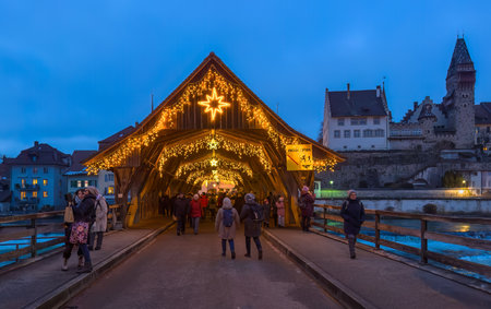 Bremgarten, Switzerland - December 7, 2023: Christmas market in Bremgarten, a small town in canton Aargau.のeditorial素材