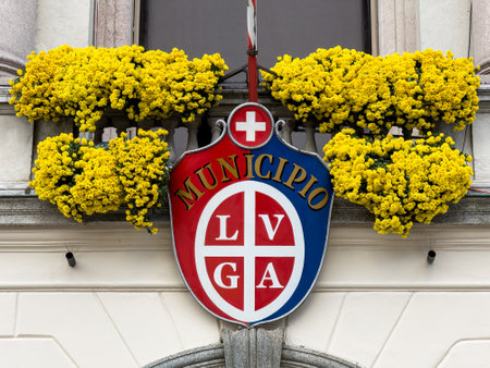 Lugano, Switzerland - December 12, 2023: Coat of arms and municipality of Lugano, the largest city in the Ticino holiday region.のeditorial素材
