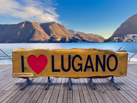 Lugano, Switzerland - December 12, 2023: Lugano is a tourist resort at the Lugano lake, third most important financial center in Switzerland, congress, banking and business center.のeditorial素材