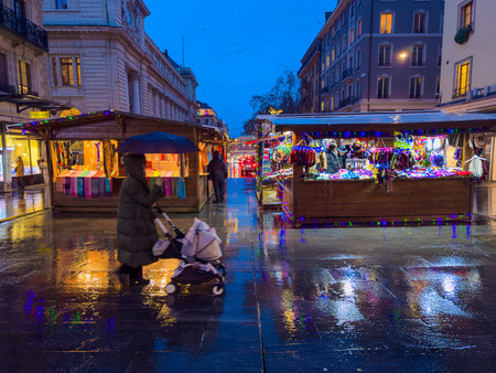 Geneva, Switzerland - December 1, 2023: Christmas market on the street of Genevaのeditorial素材