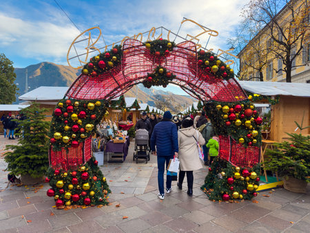 Lugano, Switzerland - December 12, 2023: Christmas market in Lugano, the largest city in the Ticino holiday regionのeditorial素材