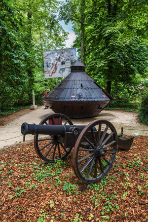 Amboise, France - August 12, 2023: Model of the tank, one of the inventions of Leonardo in the Clos Luce mansion. Leonardo da Vinci lived here for the last three years of his life, and died thereのeditorial素材