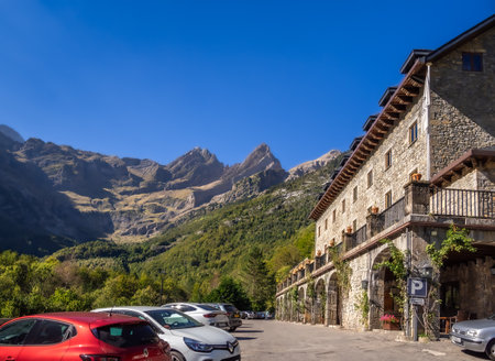 Bielsa, Spain - October 11, 2023: The Parador de Bielsa hostel and lodge lies on the foot of Monte Perdido and is in the natural surroundings of the Pyrenees in Huesca.のeditorial素材