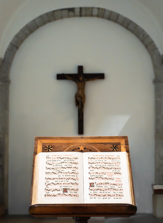 Grande Chartreuse, France - September 30, 2023: Vintage hymnal of Gregorian chants with sheet music