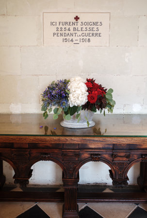 Chenonceaux, France - August 12, 2023: Memorial plaque to the 2,254 wounded soldiers who were treated at the Chenonceaux Castle Hospital during the First World Warのeditorial素材