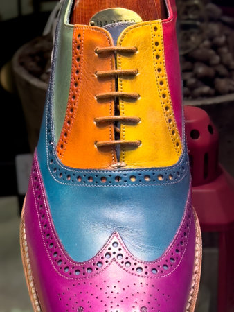 Baden, Switzerland - January 3, 2024: A special rainbow colored shoe Valiant - Anniversary Collection of Barker, English shoe companyのeditorial素材