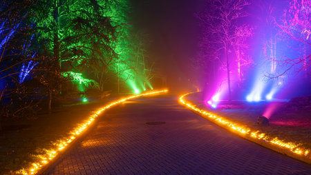 Mainau, Germany - December 27, 2023: A Christmas garden is a Christmas event with beautiful light creations and illuminations on the island of Mainau on Lake Constanceのeditorial素材
