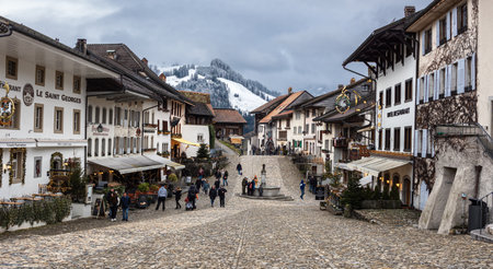 Gruyeres, Switzerland - January 6, 2024: Old town of the medieval Swiss village Gruyeres in canton Fribourg.のeditorial素材